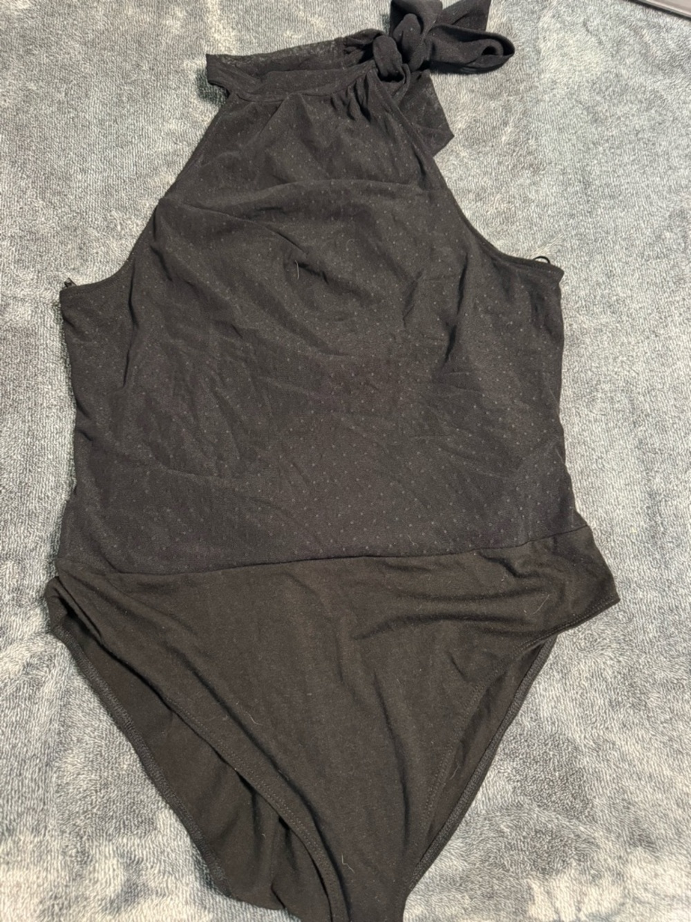 Black One-Piece Halter Bodysuit with Tie Neck